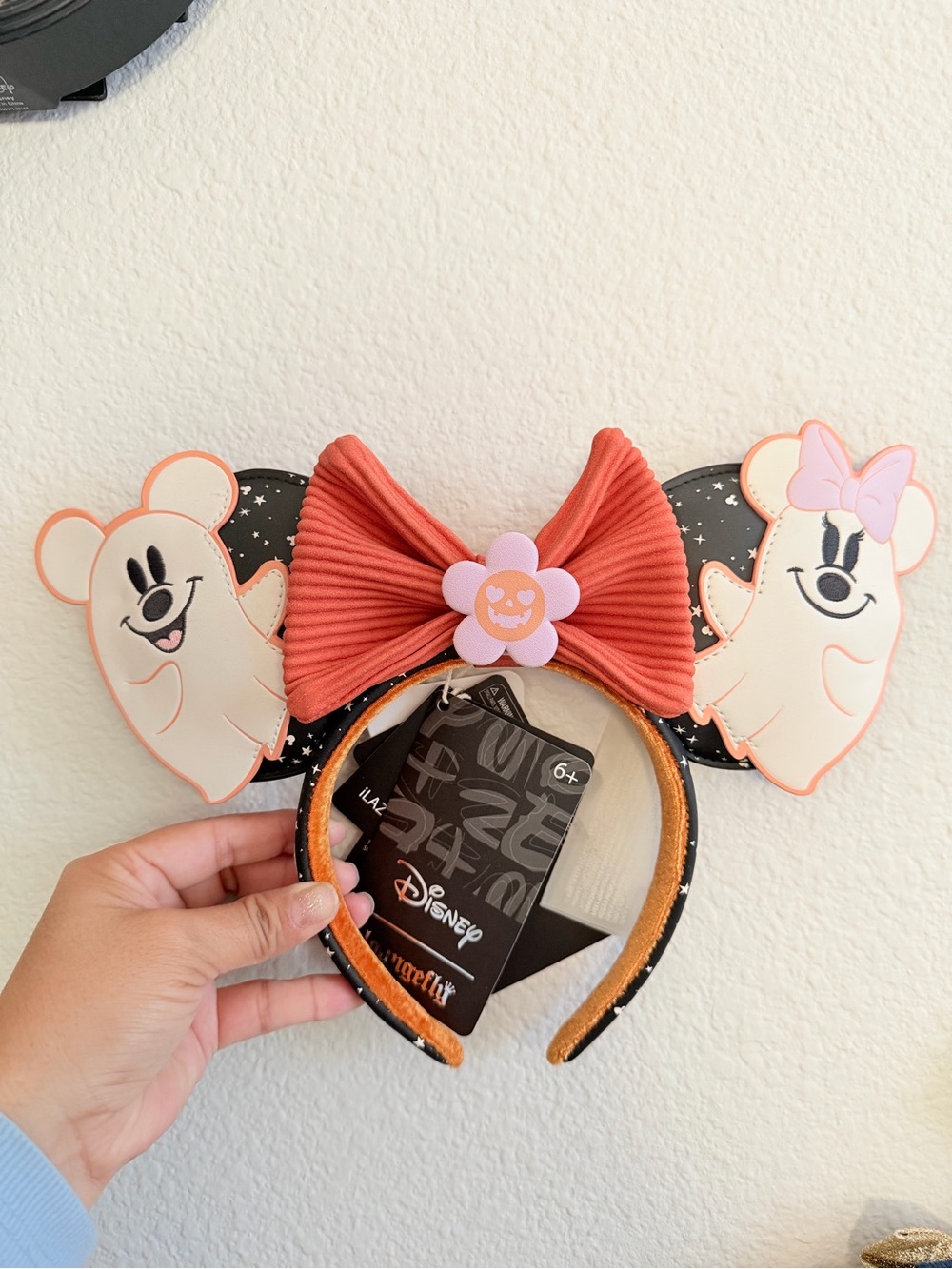 Disney Ghost Minnie Ear Headband with Coral Bow and Pink Flower